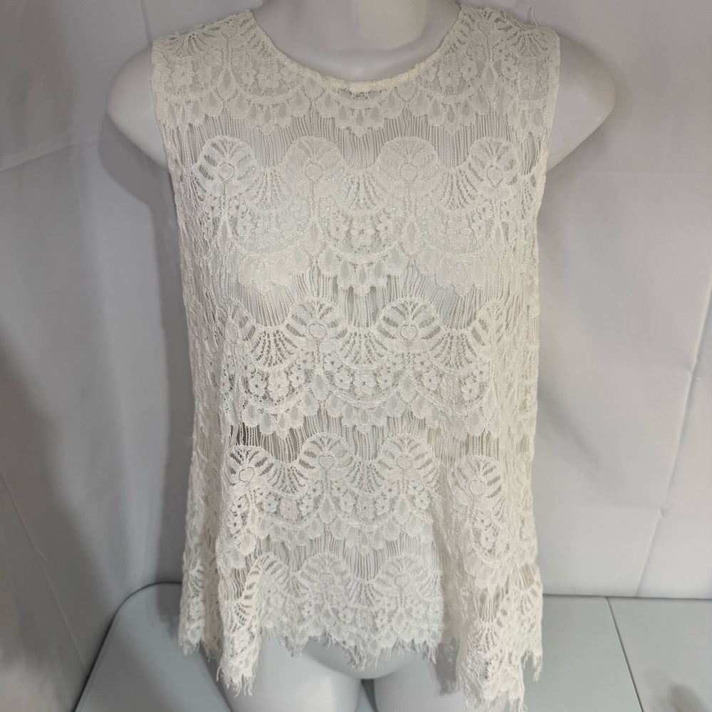 INNY Ivory Lace Tank Open Back Zip Raw‎ Hem Boho Sheer Top Medium